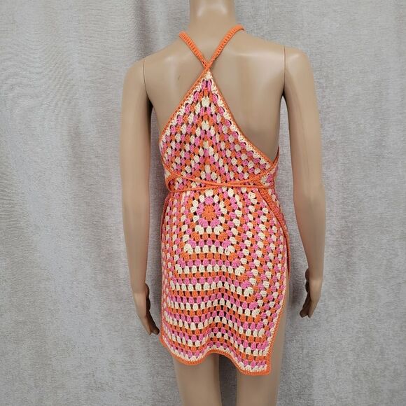 Davi & Dani Multicolor Orange Pink Crochet Halter Layered Wrap Tie Waist Dress - Picture 7 of 13